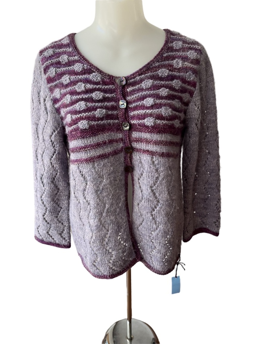 Handknit Lavender & Plum Mohair/Wool Blend Button Front Sweater size M